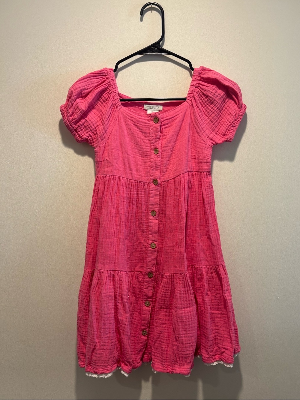 Rachel Zoe Hot Pink Button-Front Puff Sleeve Tiered Dress